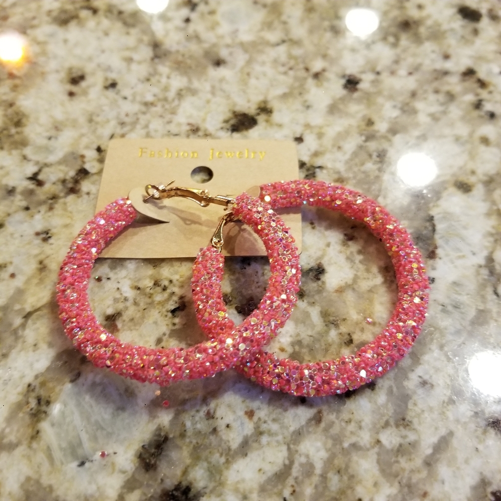 Pink Coral Big Circle Hoop Glitter Earring NWT - Picture 5 of 8